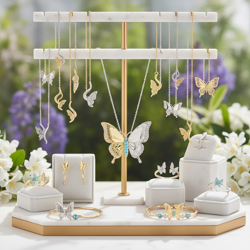 A display of butterfly-themed gold and silver jewelry, including necklaces, rings, earrings, and bracelets, arranged on stands with white flowers and greenery in the background.