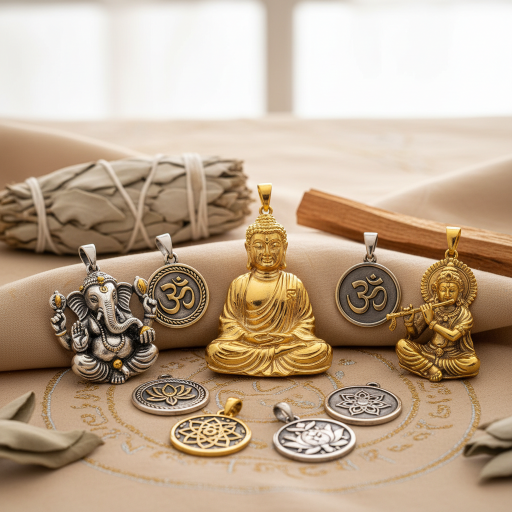 A display of gold and silver pendants featuring religious symbols and deities, including Buddha, Ganesha, and Krishna, arranged on a beige cloth with sage, incense sticks, and sacred geometry charms.