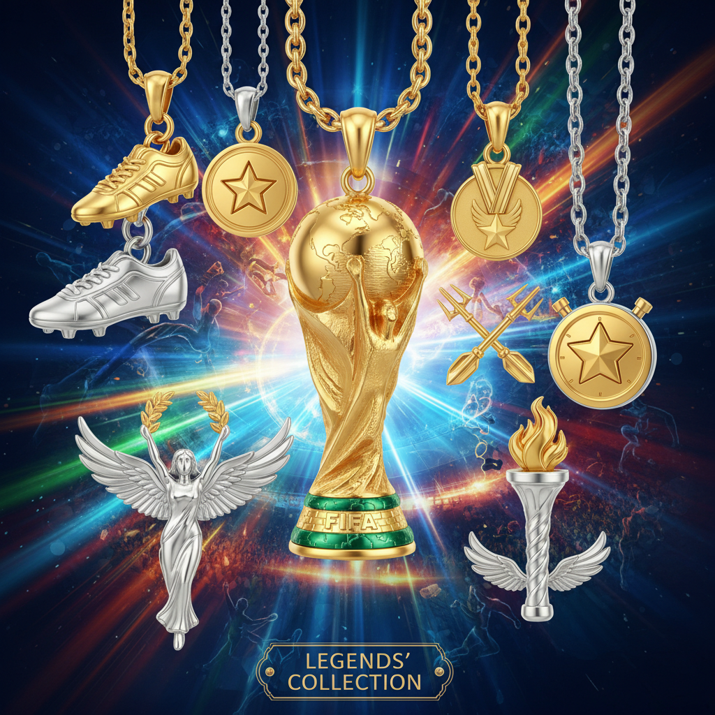 Gold FIFA World Cup trophy surrounded by gold and silver sports-themed pendants, including shoes, stopwatch, torch, laurel angel, and star medals, all against a vibrant, colorful cosmic background.