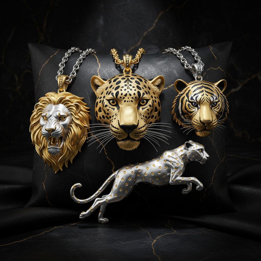 Four metallic animal pendants—a lion, leopard, tiger, and a leaping cheetah—rest on a black marble-patterned cushion, highlighting their gold and silver detailing.