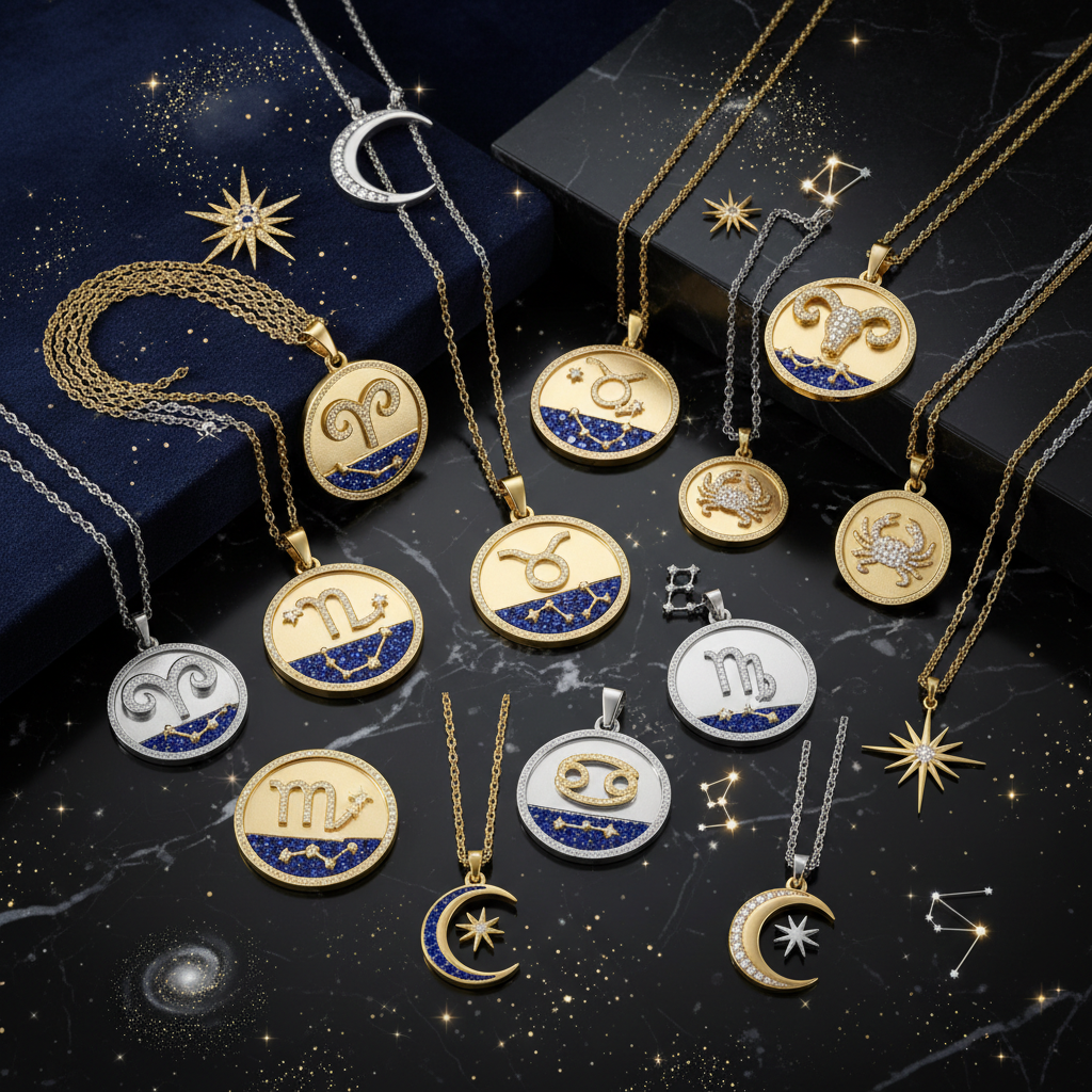 A collection of gold and silver zodiac-themed necklaces and earrings displayed on a dark, starry background, featuring astrological symbols and celestial designs.