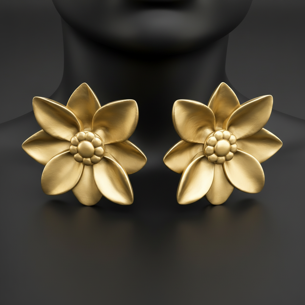 Polished Brass Flower Stud Earrings by MokshaGoldSculptures, handmade with multiple petals, shown worn against a dark background.
