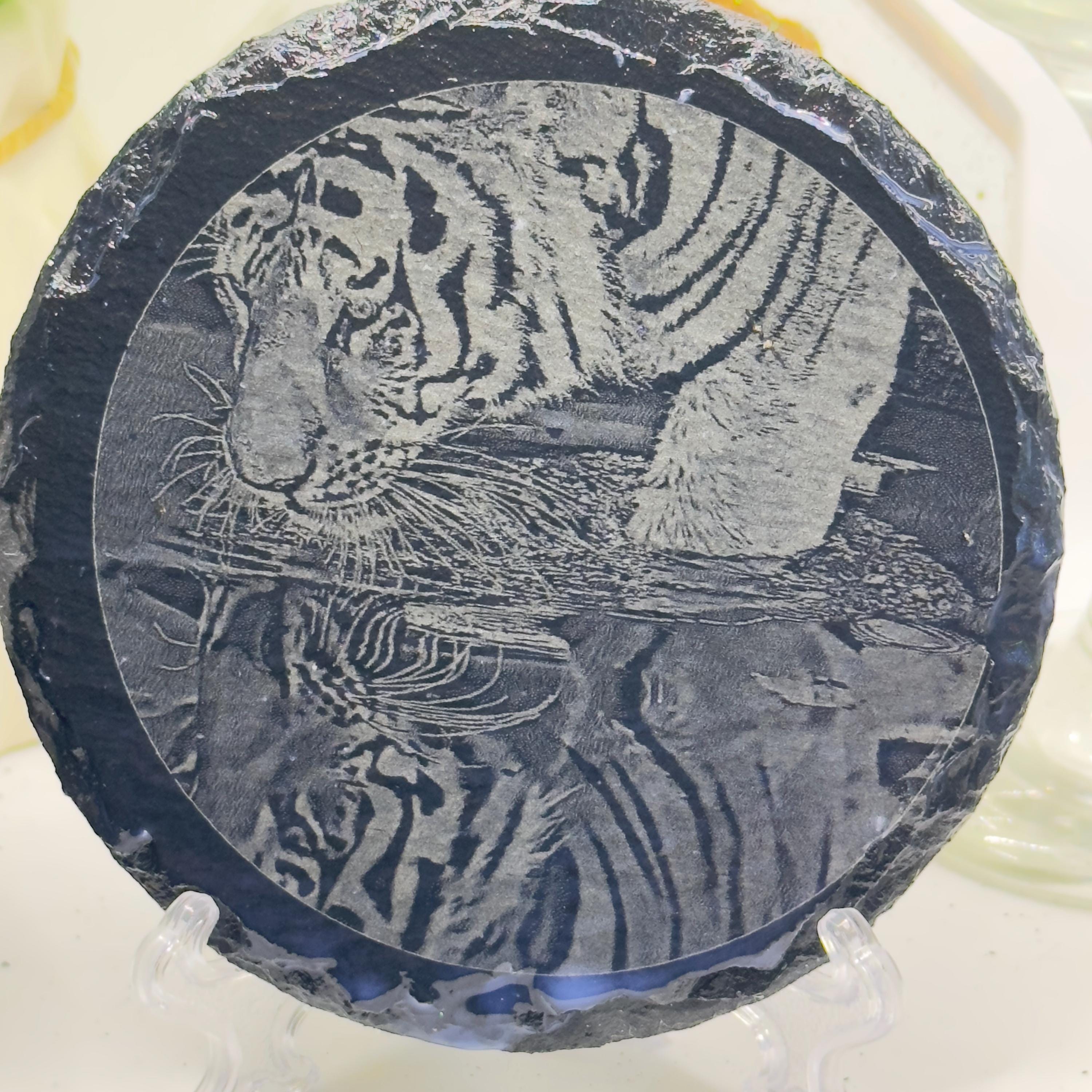 Tiger Drinking Water Slate Coaster | Wildlife Tiger Reflection Coaster | Animal Art Natural Slate | Gift for Animal Lovers
