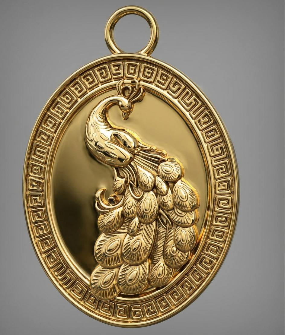 Gothic Peacock Coin Pendant Necklace | 9K Gold, Sterling Silver & Polished Yellow Brass | Art Nouveau Peacock Medallion | Nature Bird Jewelry | Gift for Her