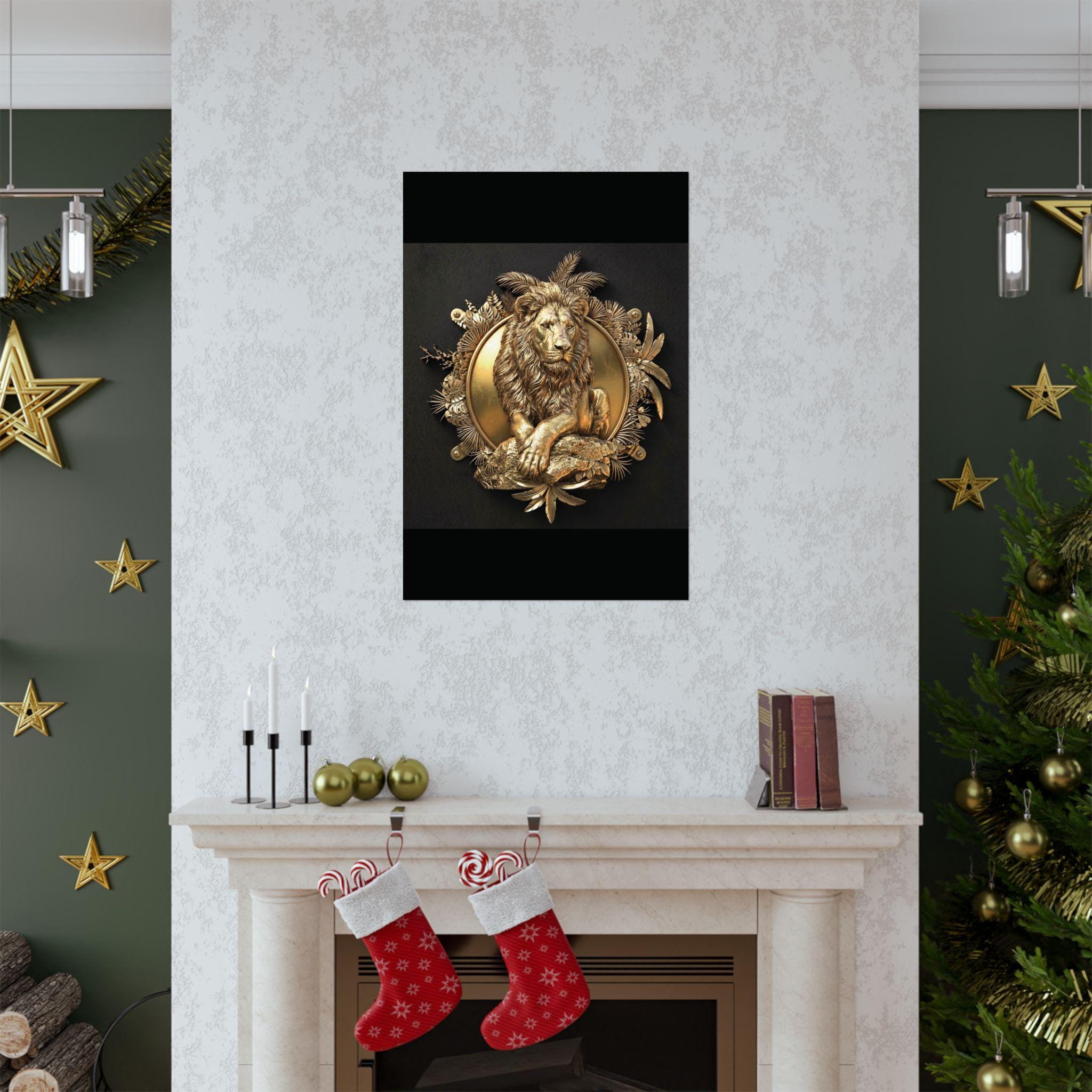 Gold Lion Tropical Frame Wall Art, Luxury Wildlife Poster