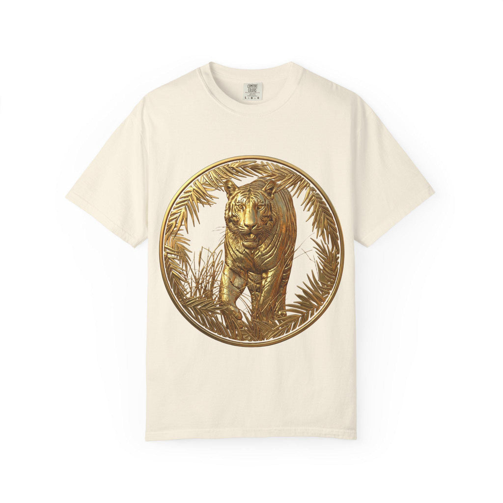 Prowling Tiger 3D Gold T-Shirt Fierce Wildlife Design, Majestic Predator in Luxury Gold Print