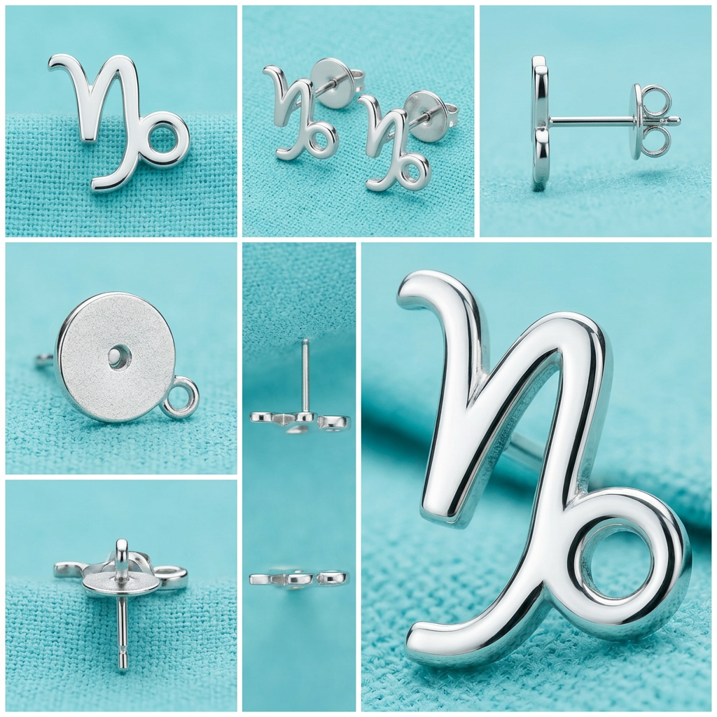 Capricorn Zodiac Symbol Stud Earrings in Silver or Polished Brass | Minimal Astrology Studs | 7 × 7 × 3 mm