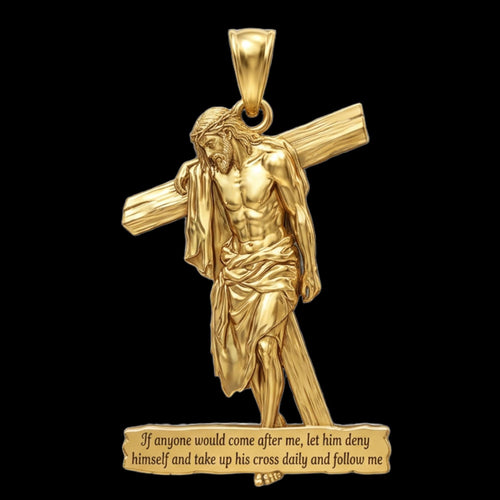 The Christ Dragging Cross Pendant in sterling silver by MokshaGoldSculptures on black background.  MokshaGoldSculptures