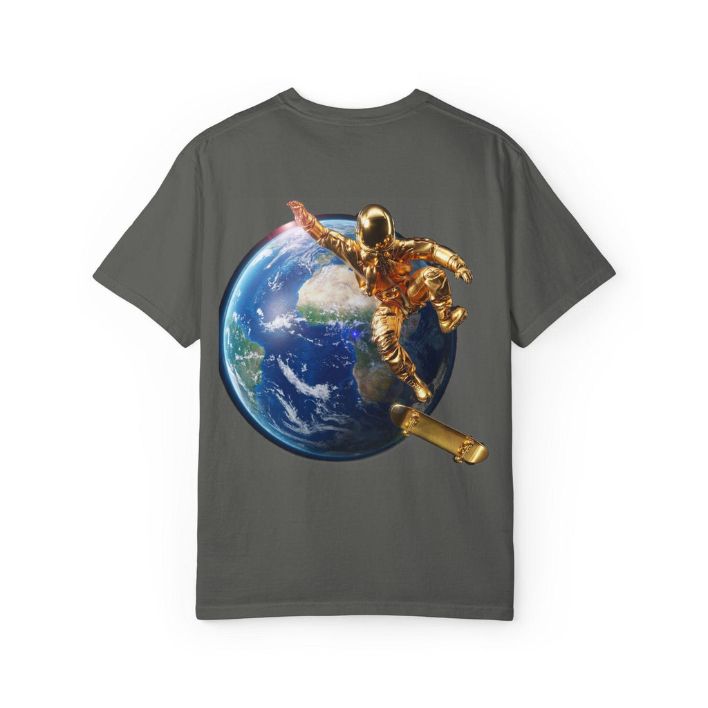 Golden Astronaut Skateboard Soaring High Futuristic Cosmic Ride in Style