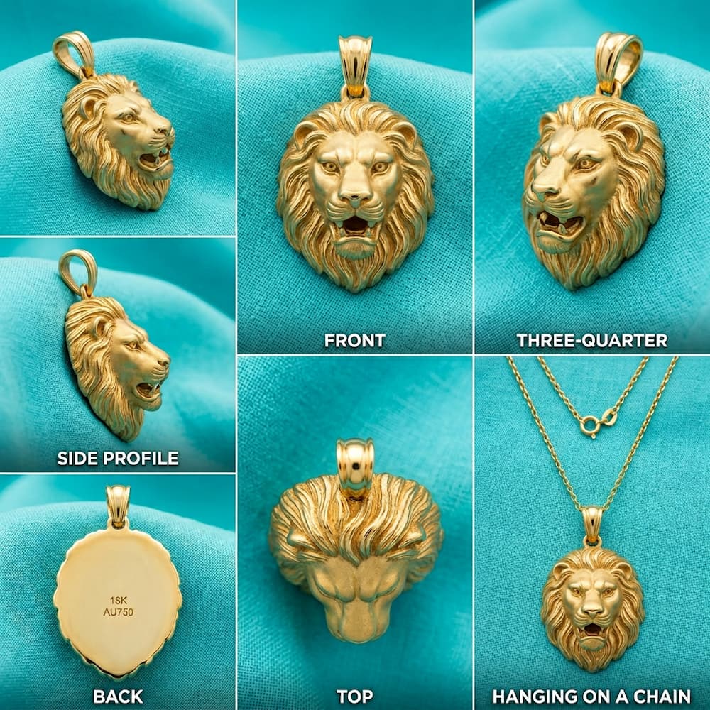 Lion Head Pendant Yellow Gold Rose Gold White Gold Statement Animal Jewelry 20mm Unisex Pendant