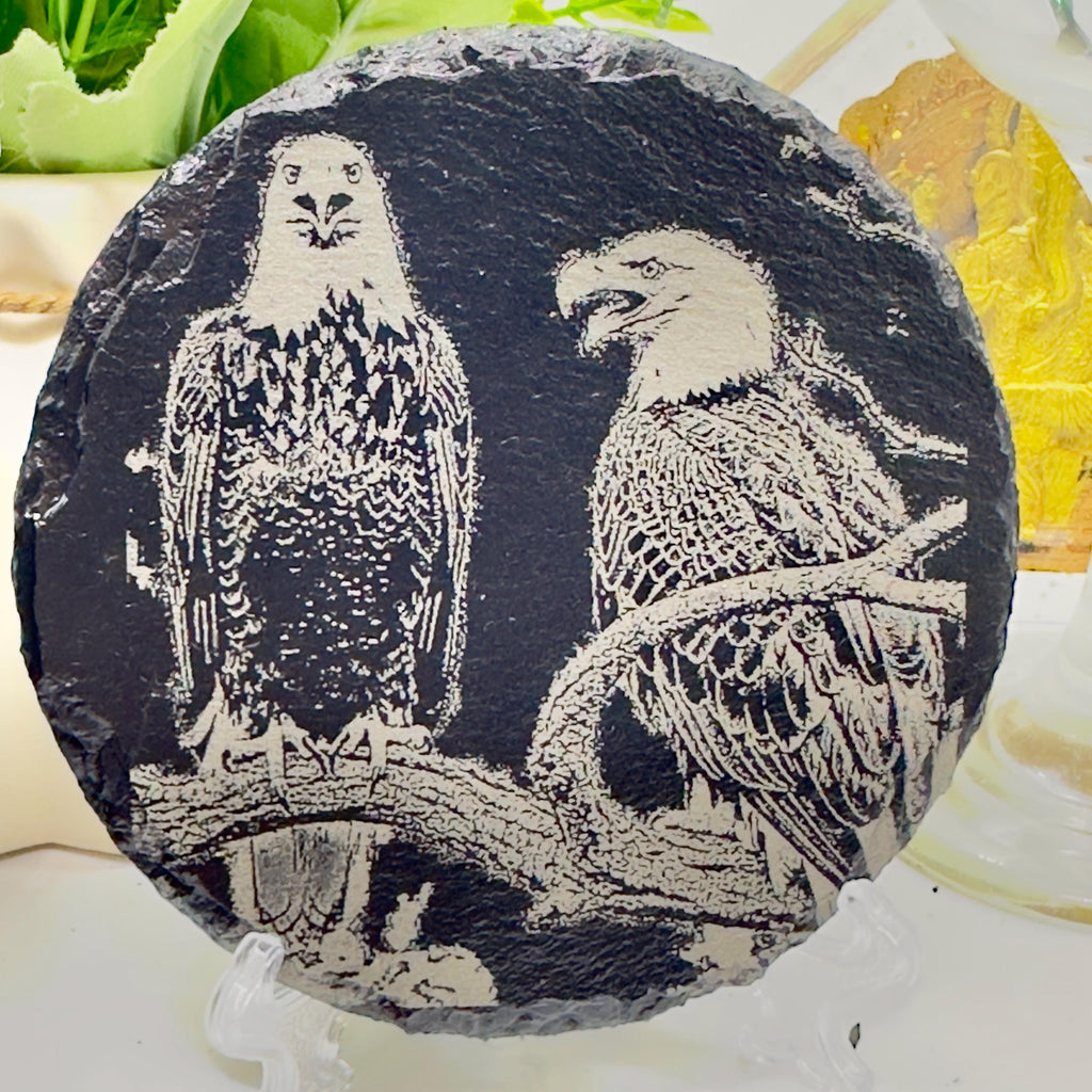 Bald Eagle Slate Coaster | American Wildlife Art | Engraved Eagle Coaster | Bird of Prey Gift | Natural Slate Coaster