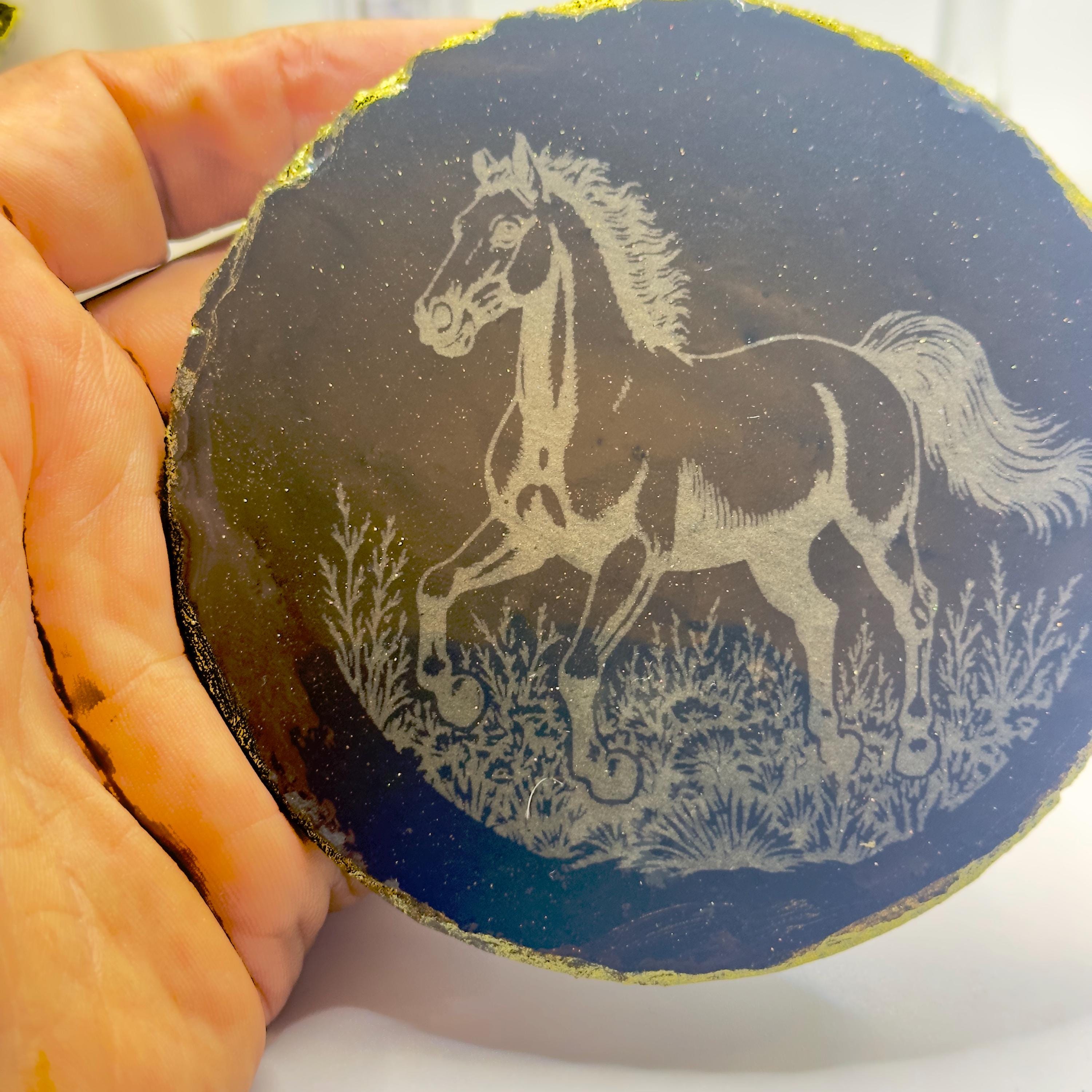 Galloping Horse Slate Coaster | Gold Rim & Epoxy Finish | Handmade Equestrian Decor | Unique Gift