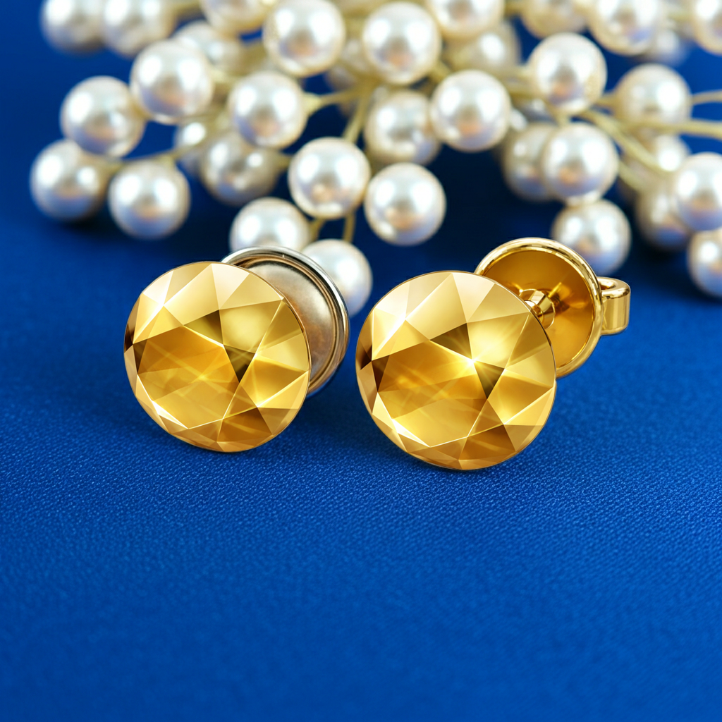 Faceted Round Stud Earring – 10mm Geometric Dome Stud in Polished Gold