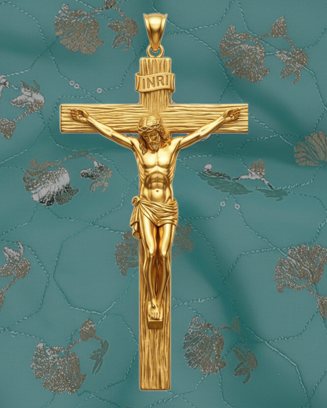 The Crucifix Pendant in polished silver or brass by MokshaGoldSculptures, detailed Jesus cross.