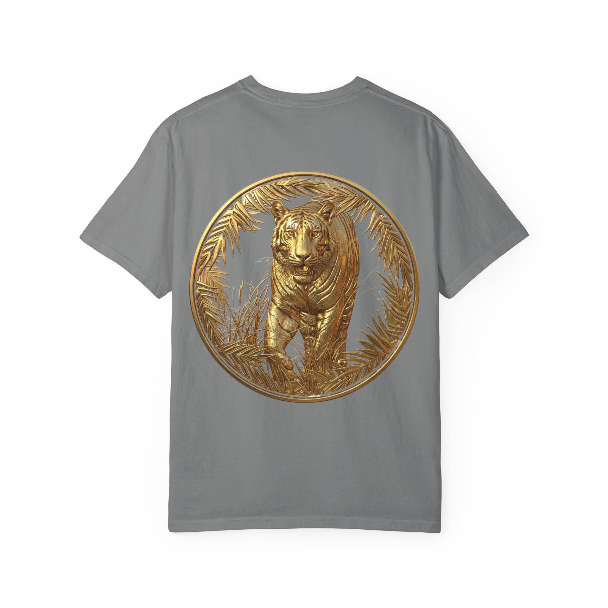 Prowling Tiger 3D Gold T-Shirt Fierce Wildlife Design, Majestic Predator in Luxury Gold Print