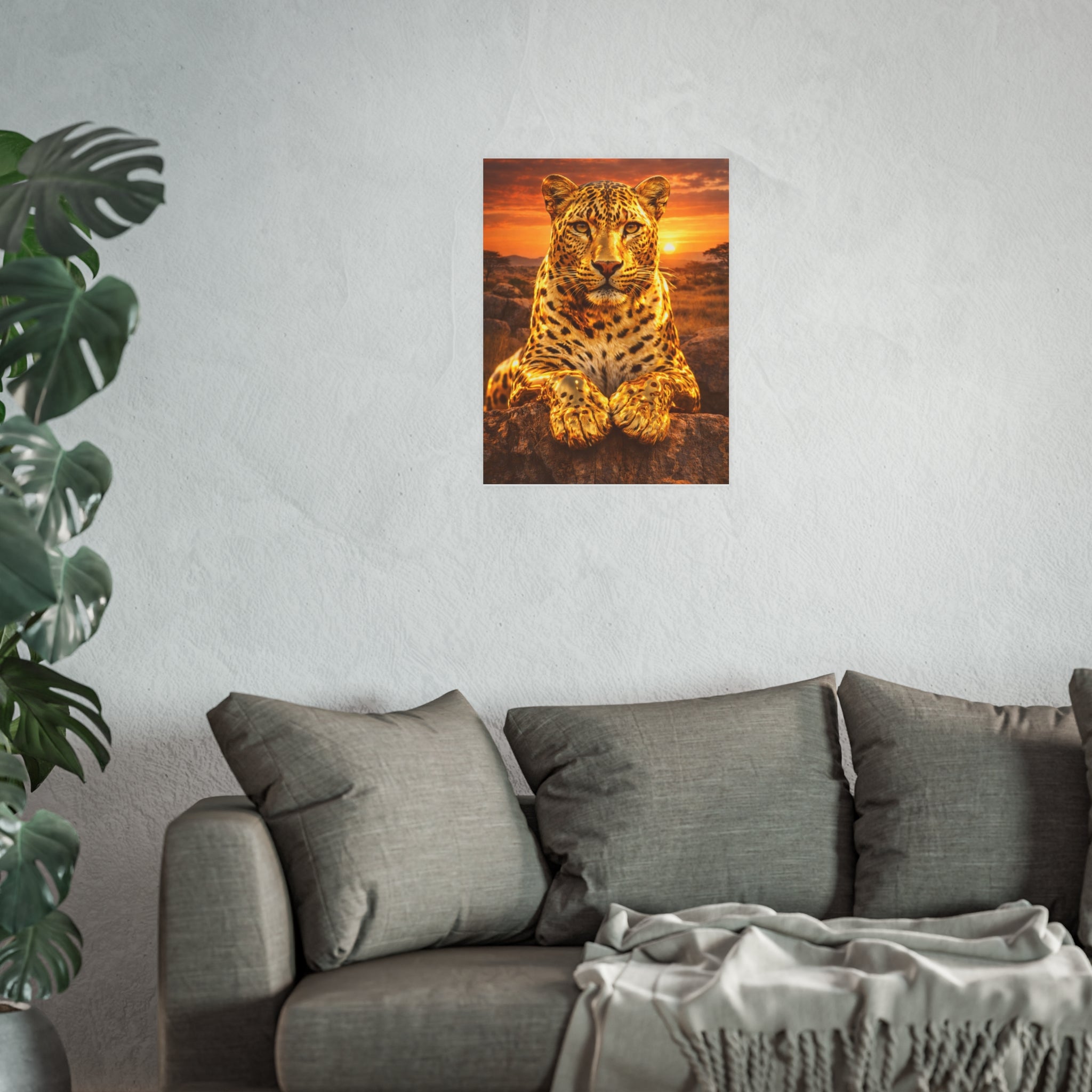 Gold Leopard Statue Wall Art Poster Luxury Safari Animal Decor Realistic Metallic Wildlife Artwork Modern Home Living Room Interior