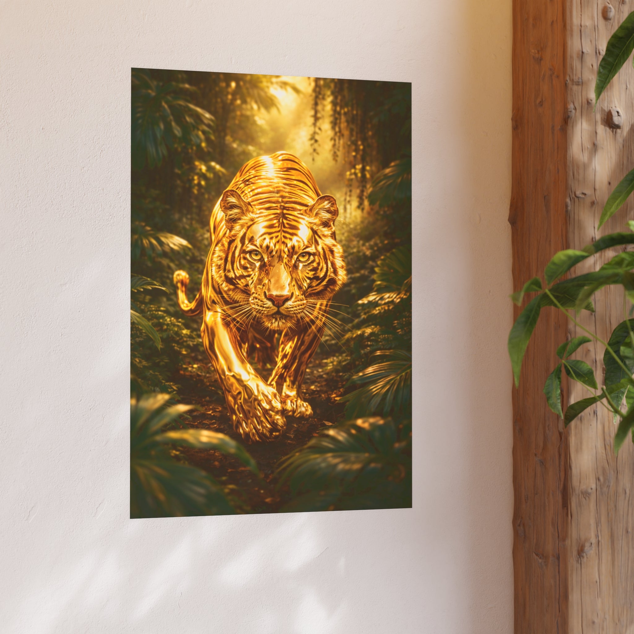 Golden Jungle Tiger Wall Art – Polished Gold Tiger Poster Luxury Wildlife Decor