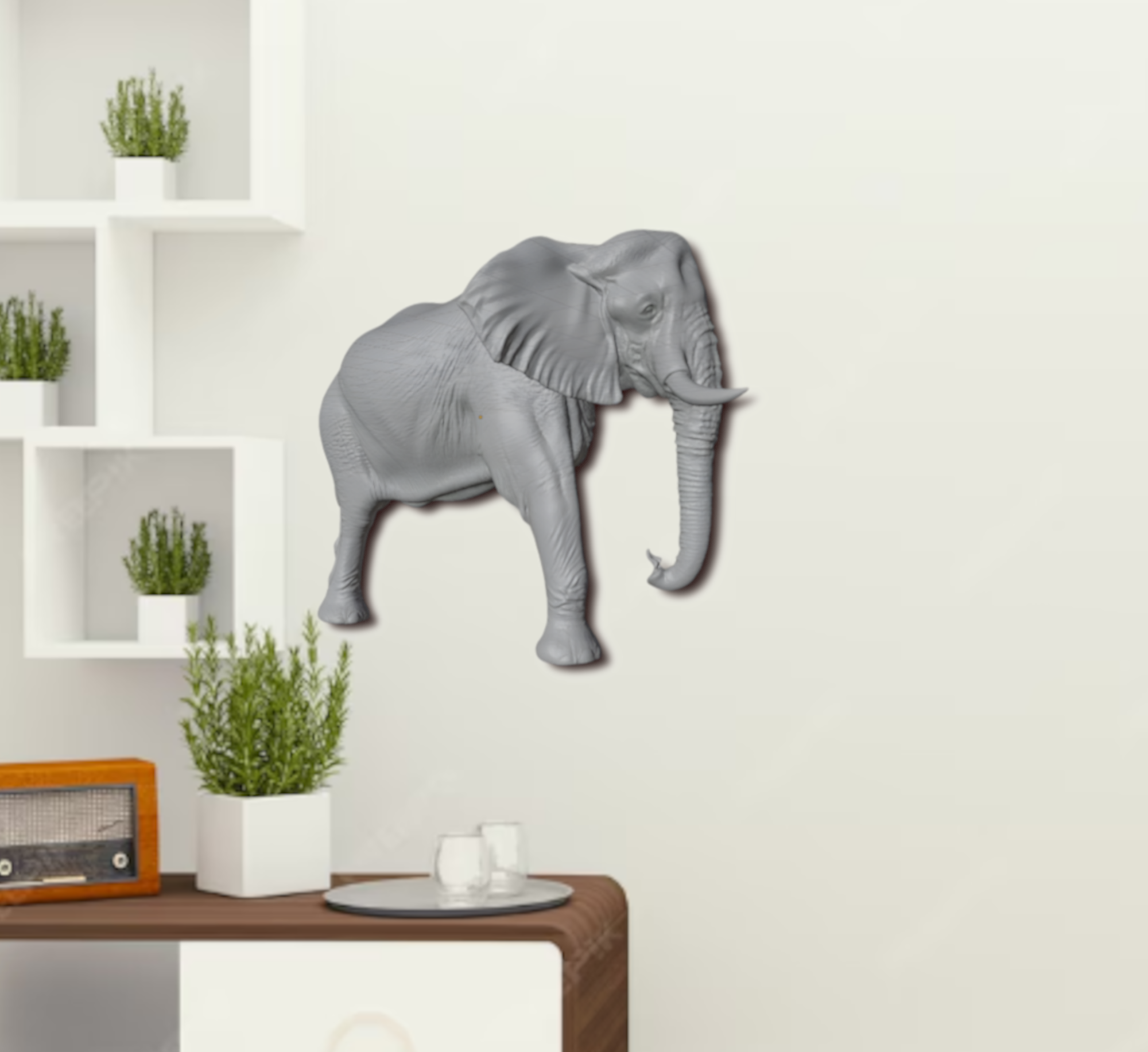 Elephant Wall Mount 3D Print | Wildlife Wall Decor | PLA Grey Sculpture | Large Animal Wall Art | 250mm Elephant Relief