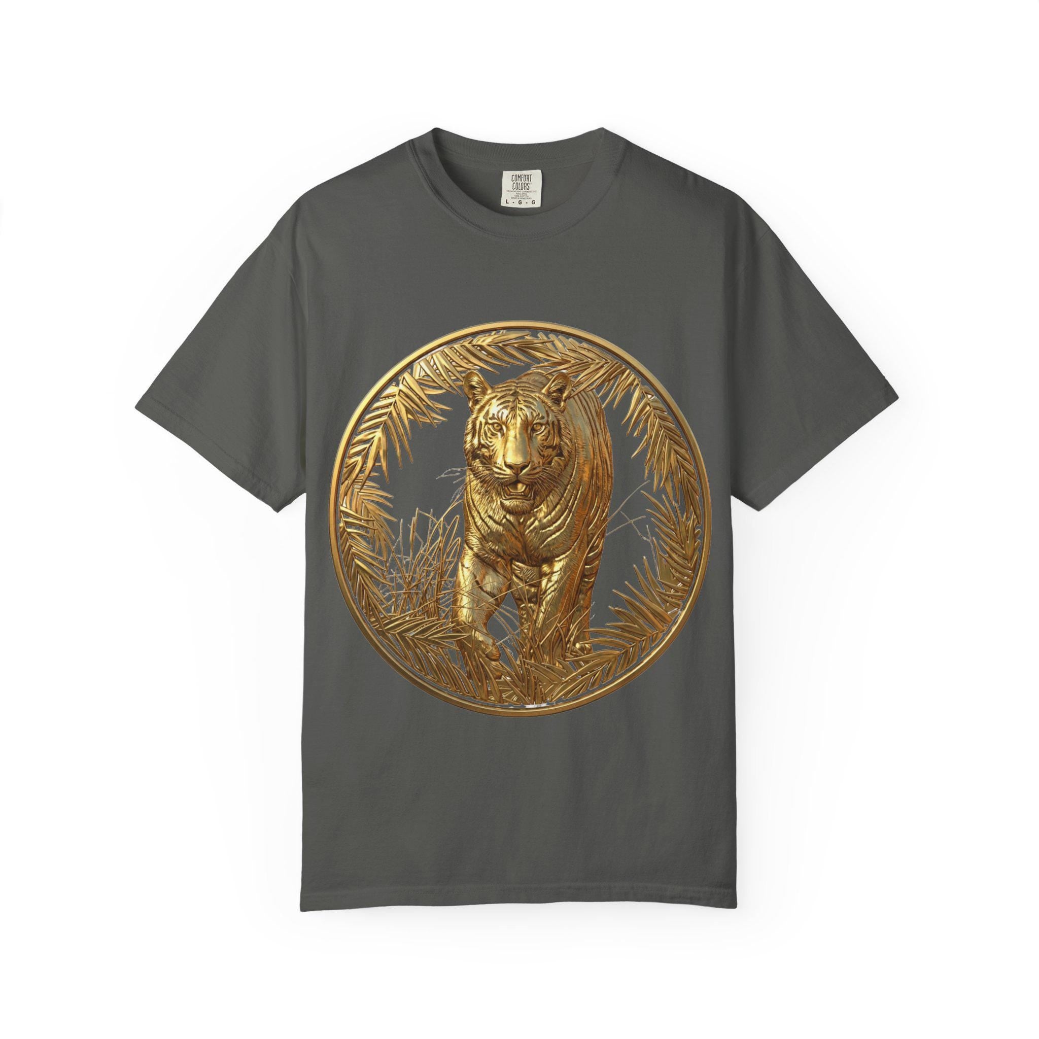 Prowling Tiger 3D Gold T-Shirt Fierce Wildlife Design, Majestic Predator in Luxury Gold Print