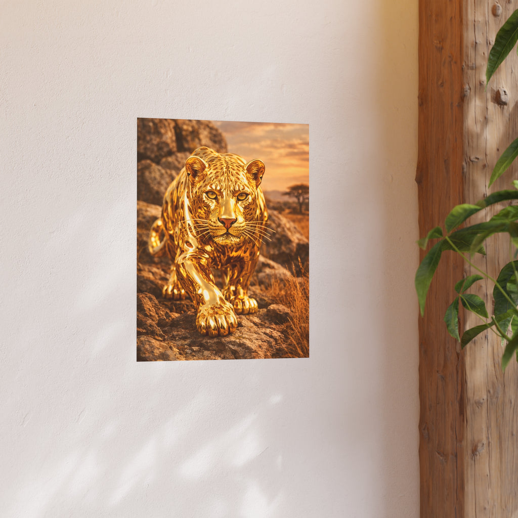Polished Gold Leopard Statue Wall Art Poster Luxury Safari Animal Decor Realistic Metallic Wildlife Artwork Modern Home Living Room Interior