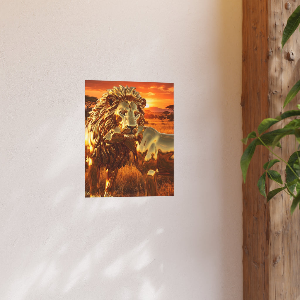Golden Lion Art Poster — Metallic Sunset Wildlife Print