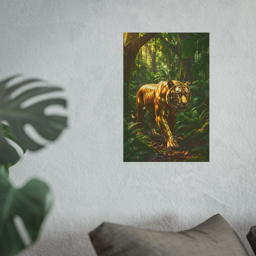Golden Jungle Tiger Wall Art – Polished Gold Tiger Poster Luxury Wildlife Decor