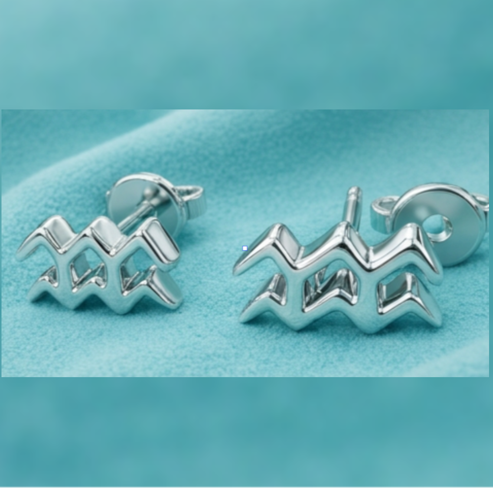 Aquarius Symbol Stud Earrings in Silver and Polished brass | Minimal Zodiac Earrings