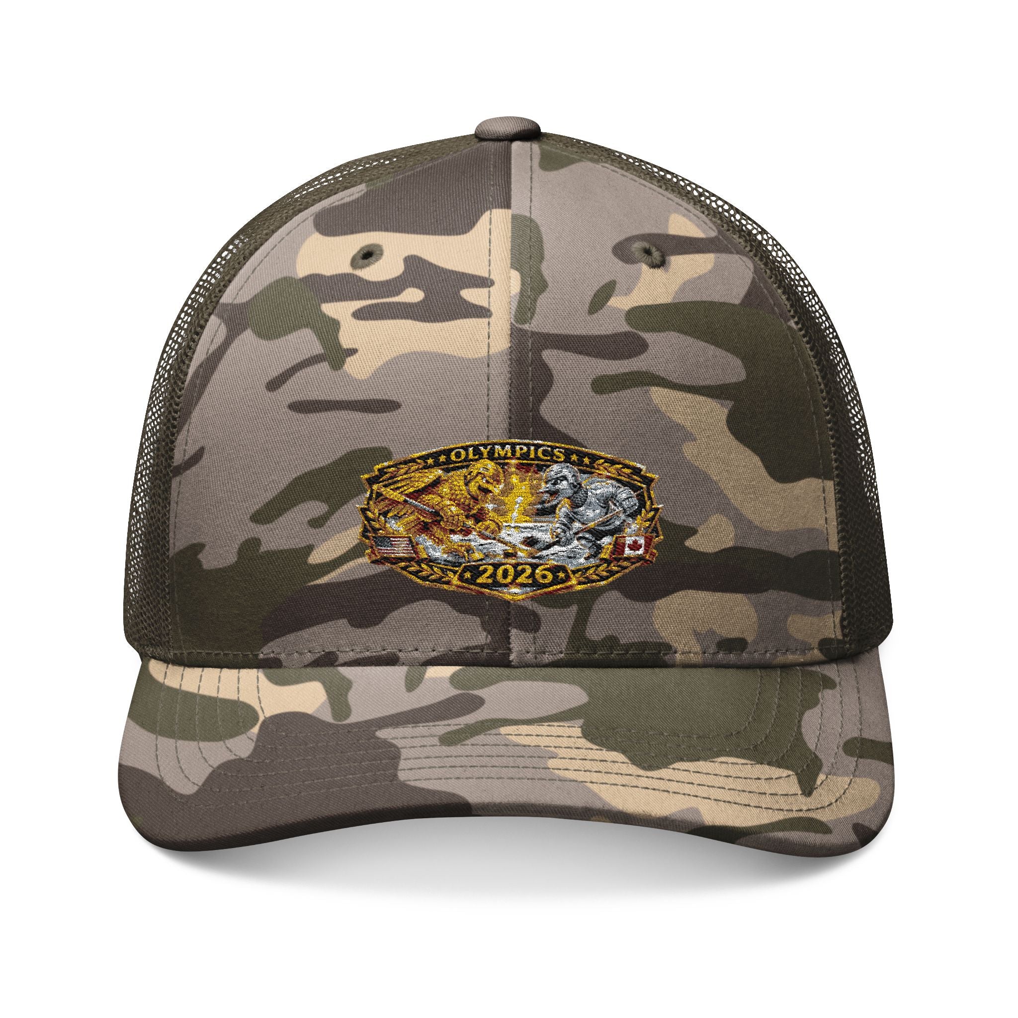 Camouflage Trucker Hat — Embroidered Gold Belt Patch