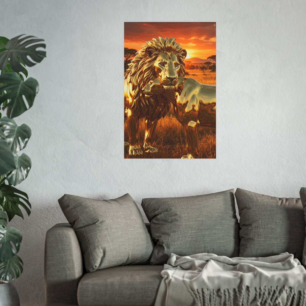 Golden Lion Art Poster — Metallic Sunset Wildlife Print