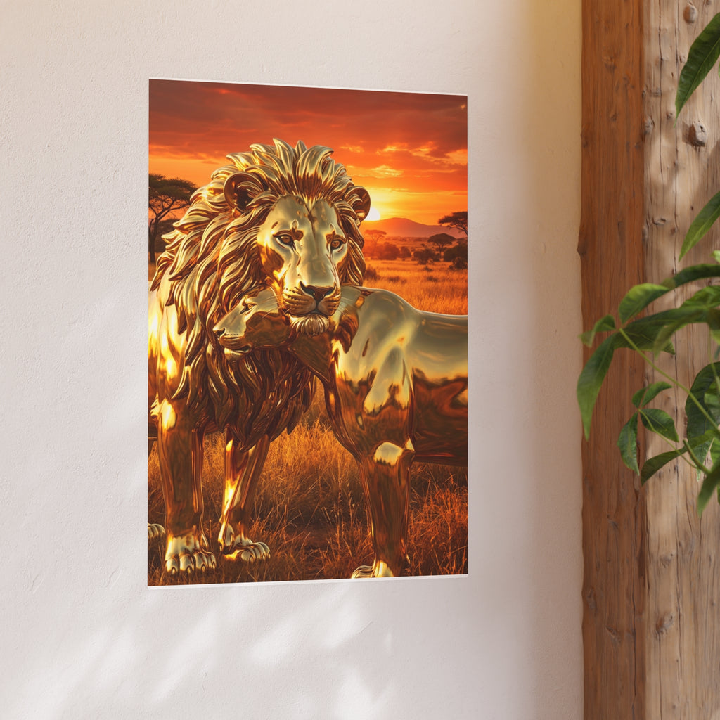 Golden Lion Art Poster — Metallic Sunset Wildlife Print