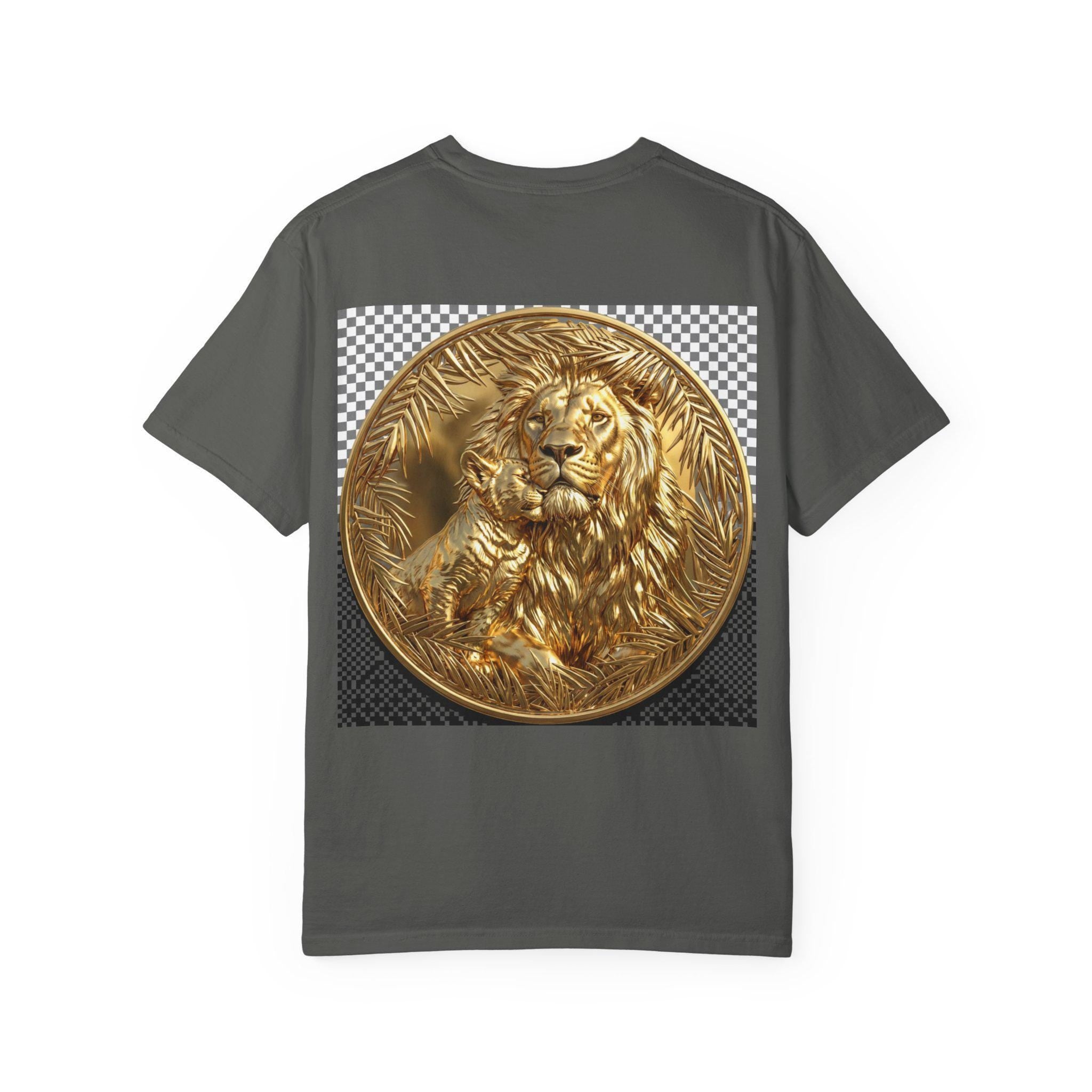 Majestic Lion with Cub Hugging Powerful Father and Cub Wildlife Gold Print T-Shirt