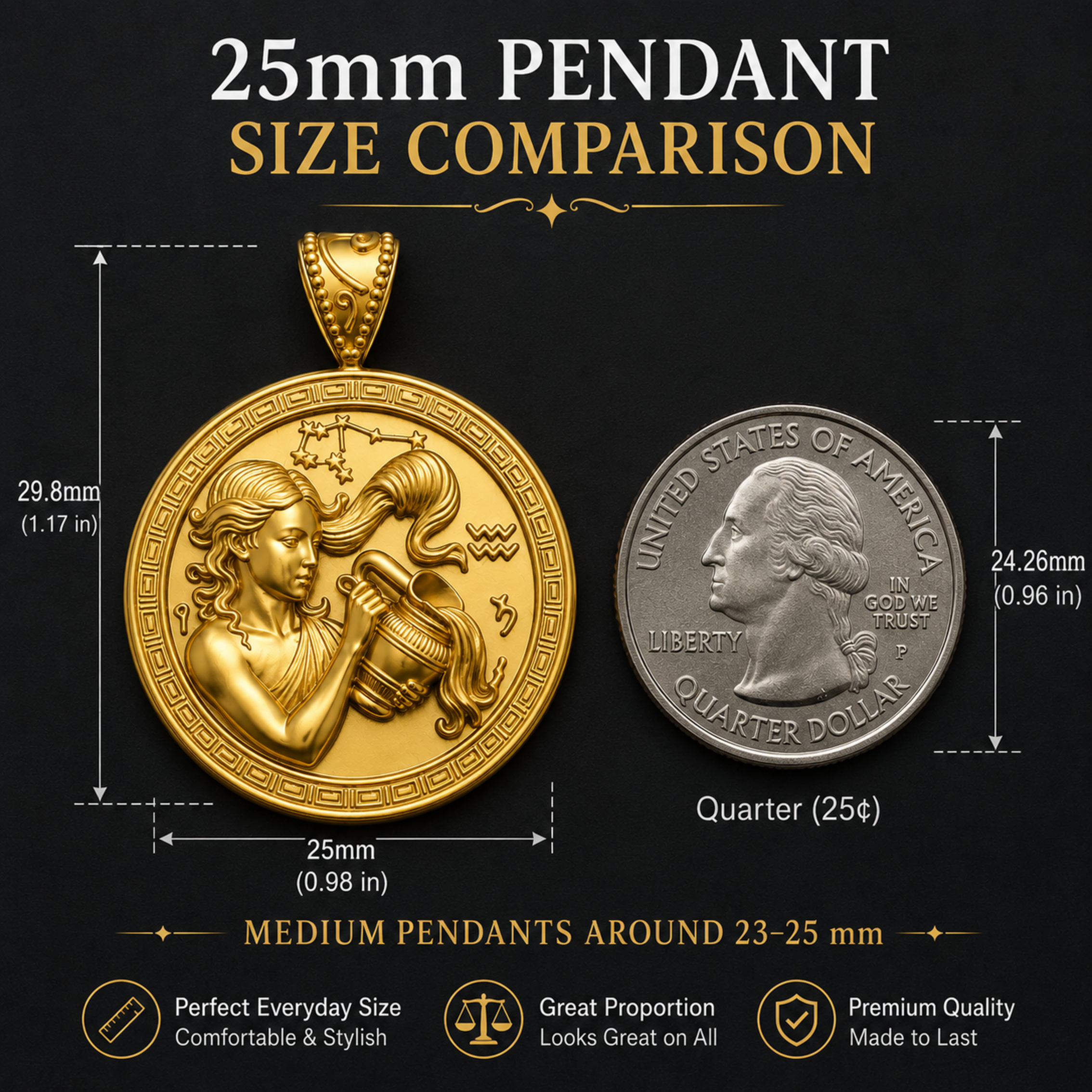 Aquarius Zodiac Medallion Necklace, 25mm Water Bearer Pendant, Greek Astrology Coin Necklace, 9K Gold, Sterling Silver or Yellow Brass, Zodiac Birthday Gift