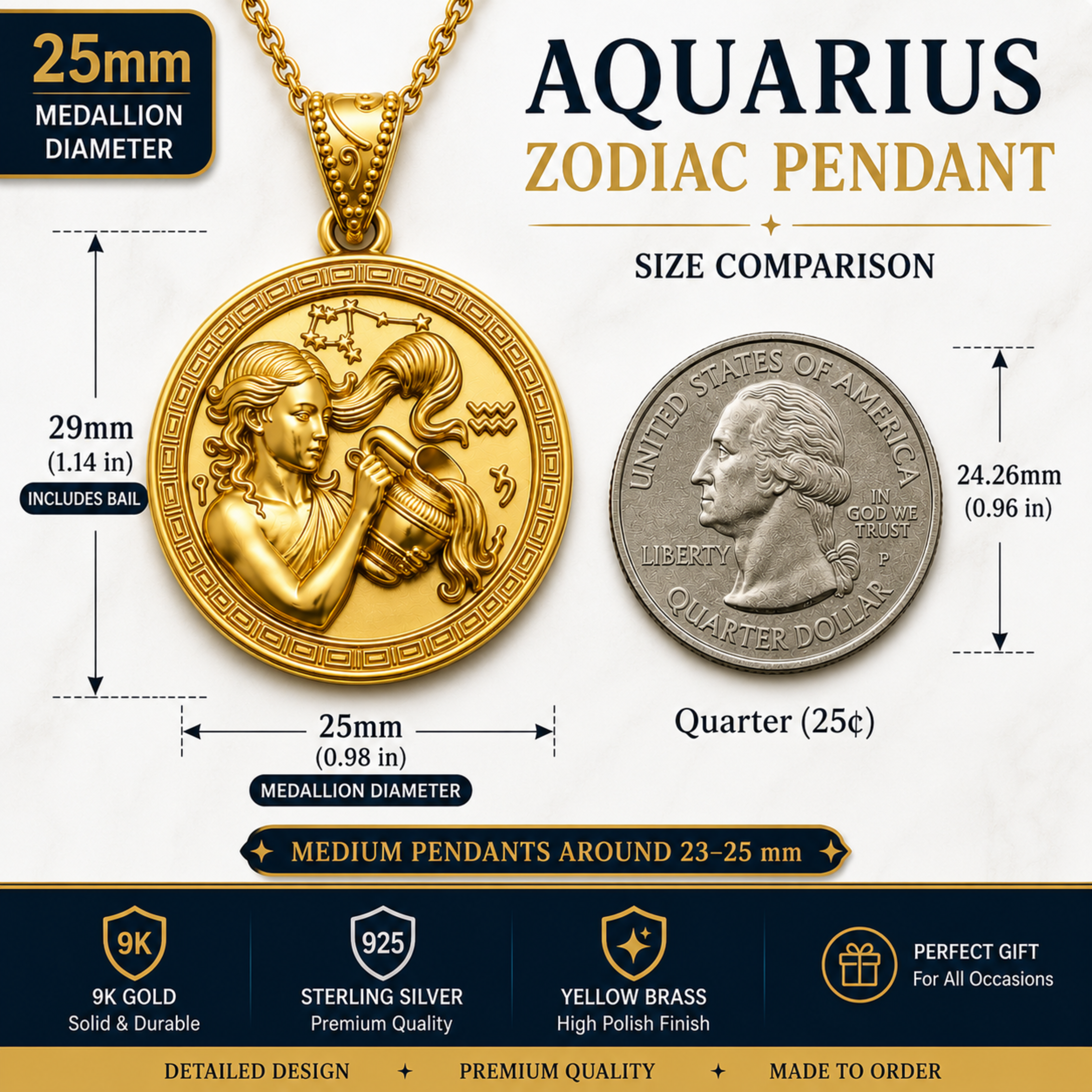 Aquarius Zodiac Medallion Necklace, 25mm Water Bearer Pendant, Greek Astrology Coin Necklace, 9K Gold, Sterling Silver or Yellow Brass, Zodiac Birthday Gift