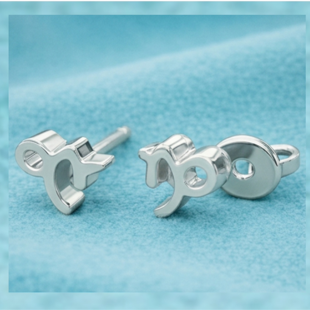 Capricorn Zodiac Symbol Stud Earrings in Silver or Polished Brass | Minimal Astrology Studs | 7 × 7 × 3 mm