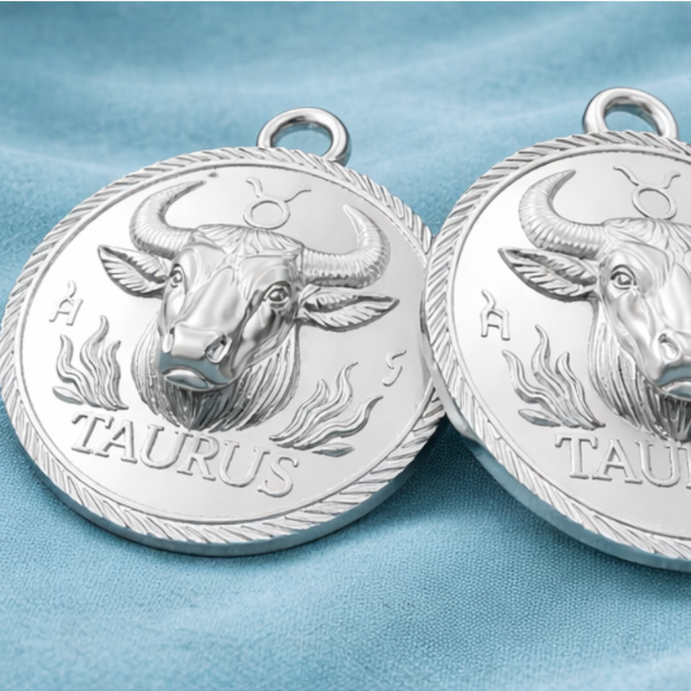 Taurus Zodiac Pendant in Polished Silver & Bronze | Bull Horoscope Medallion Charm | Astrology Coin Pendant 20mm