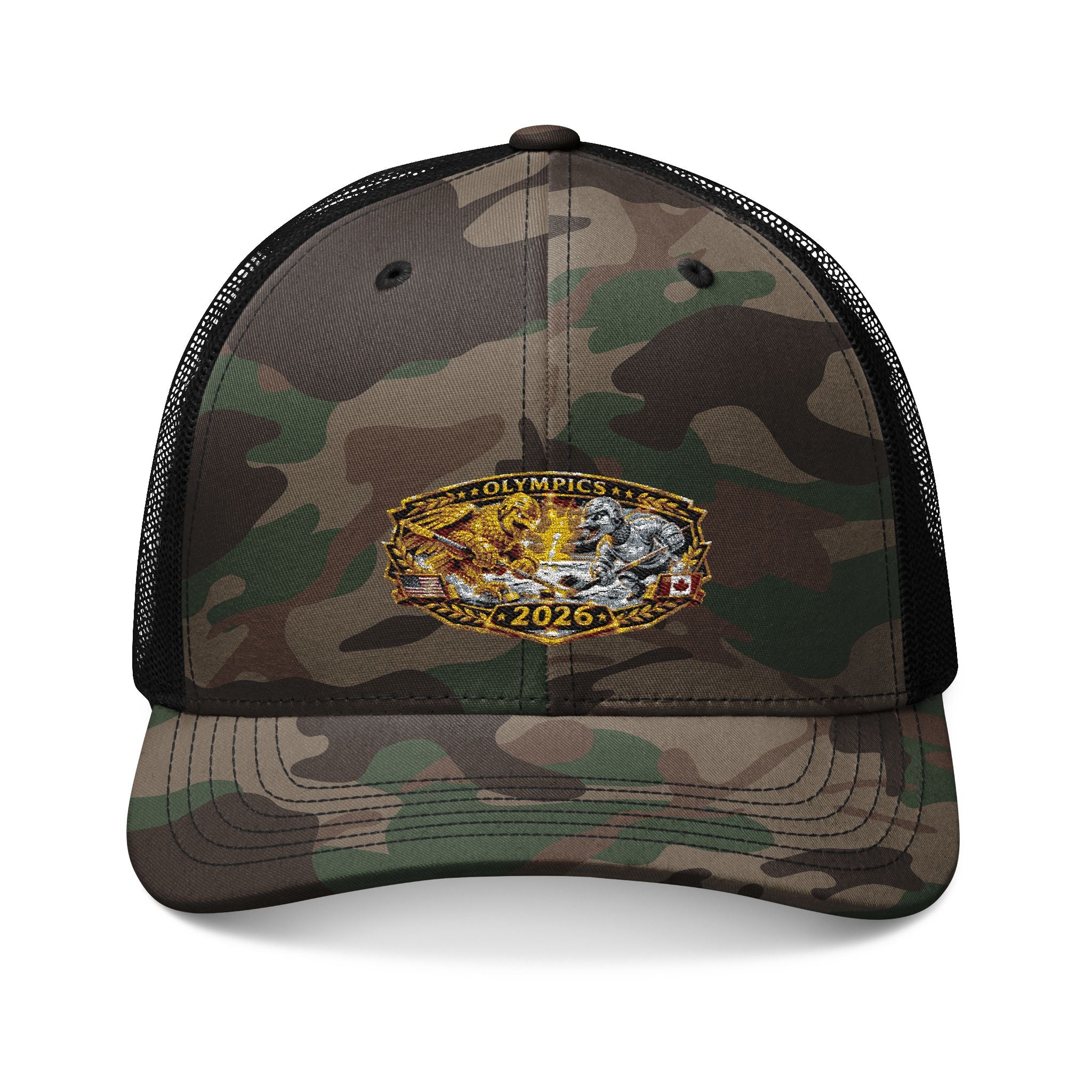 Camouflage Trucker Hat — Embroidered Gold Belt Patch