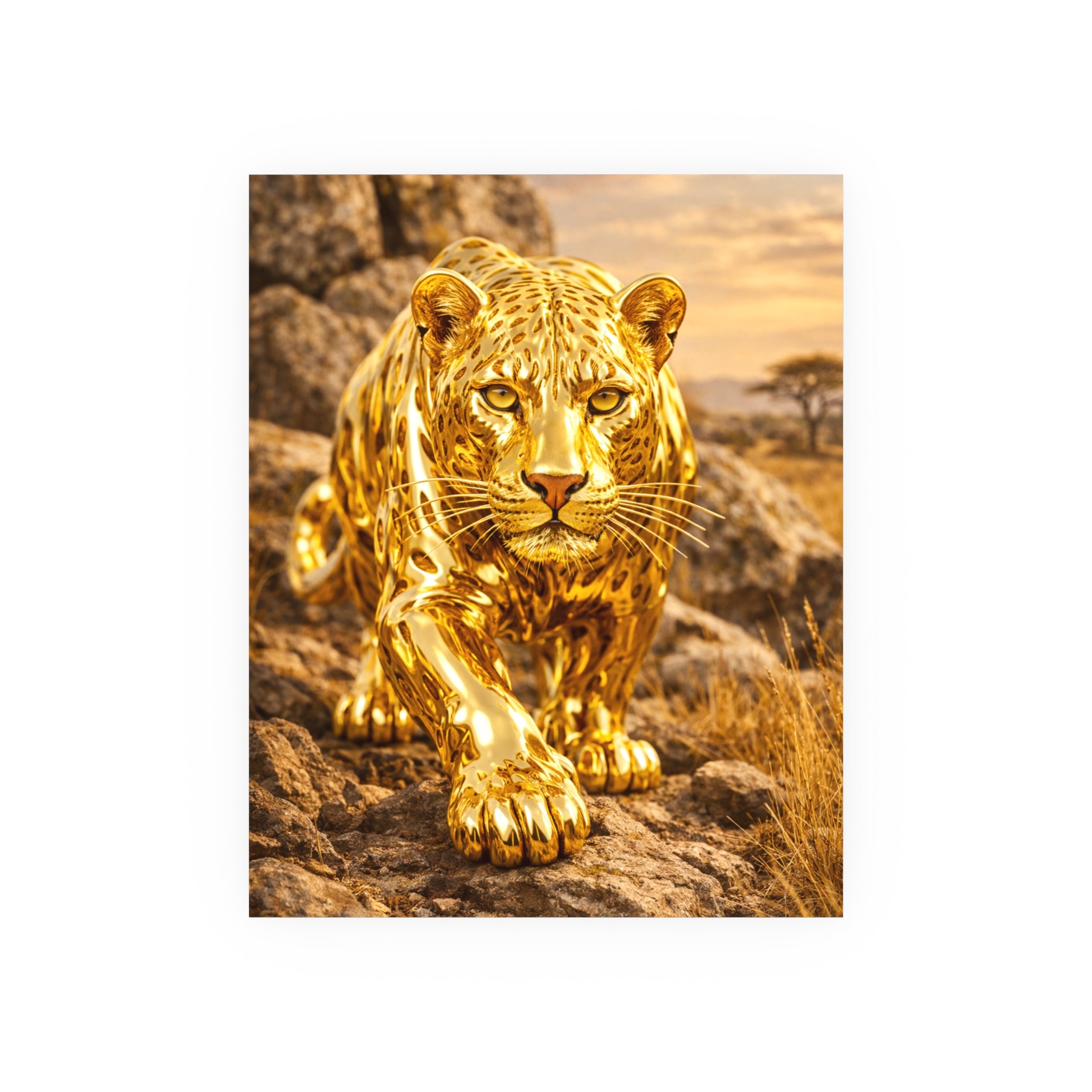 Polished Gold Leopard Statue Wall Art Poster Luxury Safari Animal Decor Realistic Metallic Wildlife Artwork Modern Home Living Room Interior