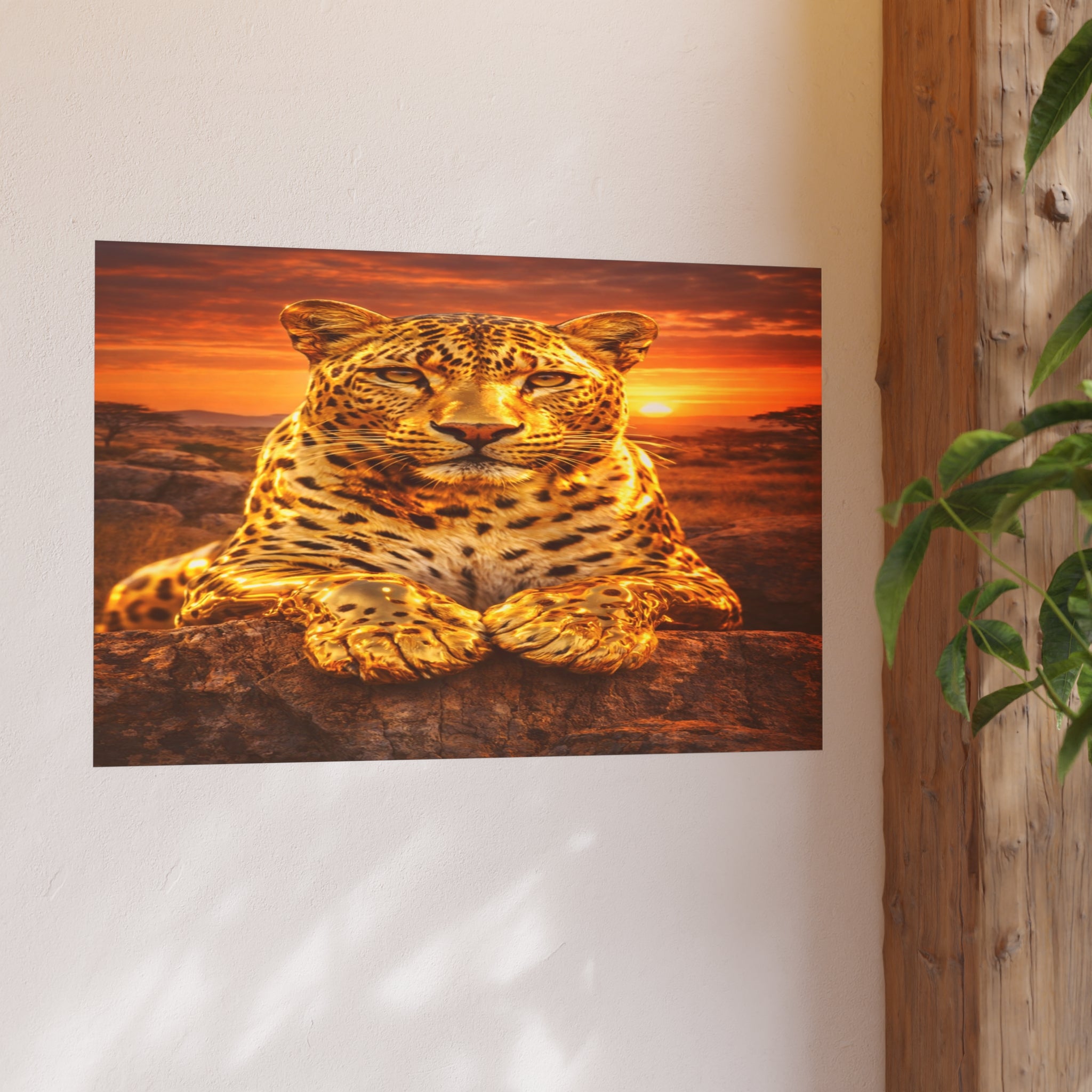 Gold Leopard Statue Wall Art Poster Luxury Safari Animal Decor Realistic Metallic Wildlife Artwork Modern Home Living Room Interior