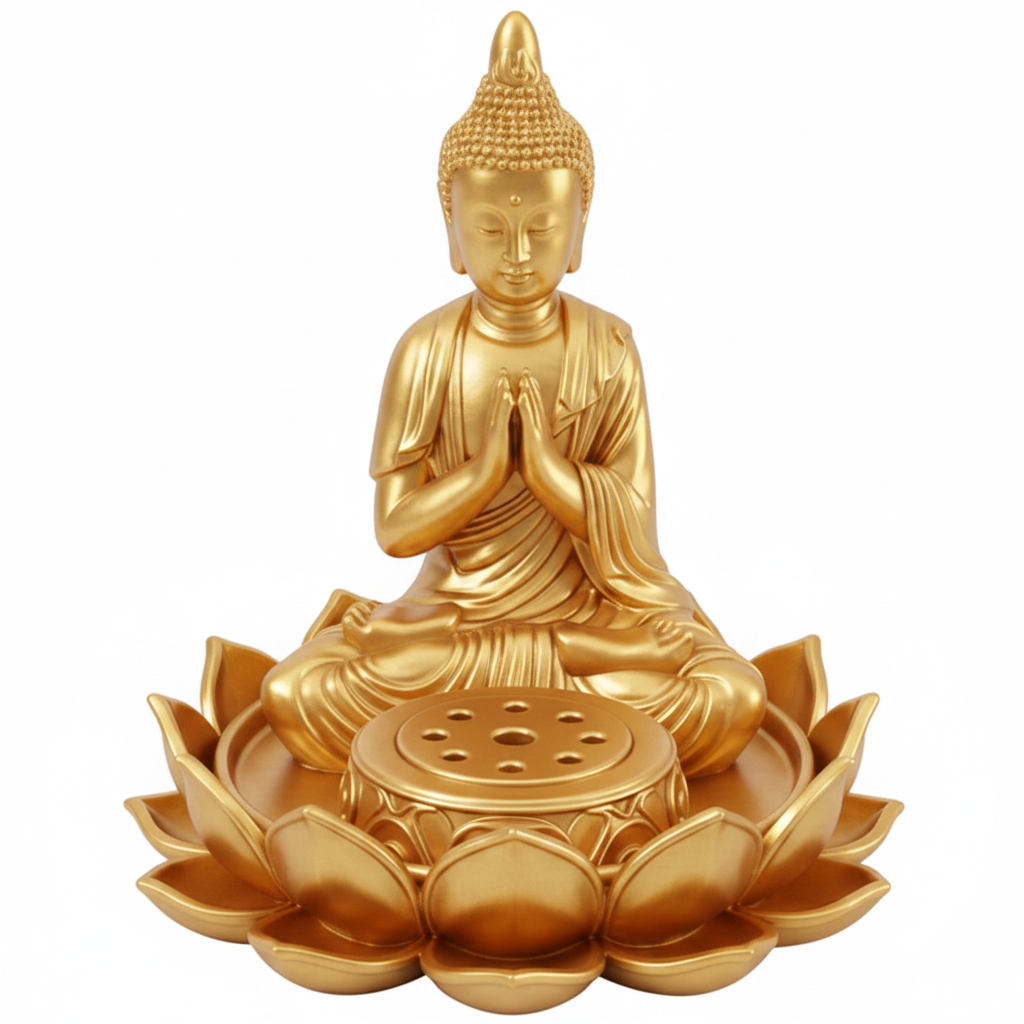 The Lotus Buddha Incense Holder in 3D-printed PLA by MokshaGoldSculptures, lotus base and meditative Buddha design.
