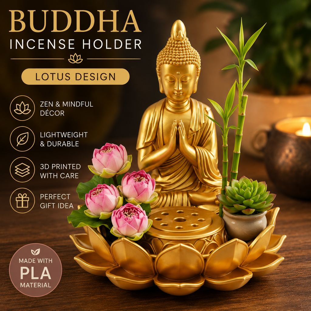 The Lotus Buddha Incense Holder in matte PLA by MokshaGoldSculptures with lotus and succulent accents.