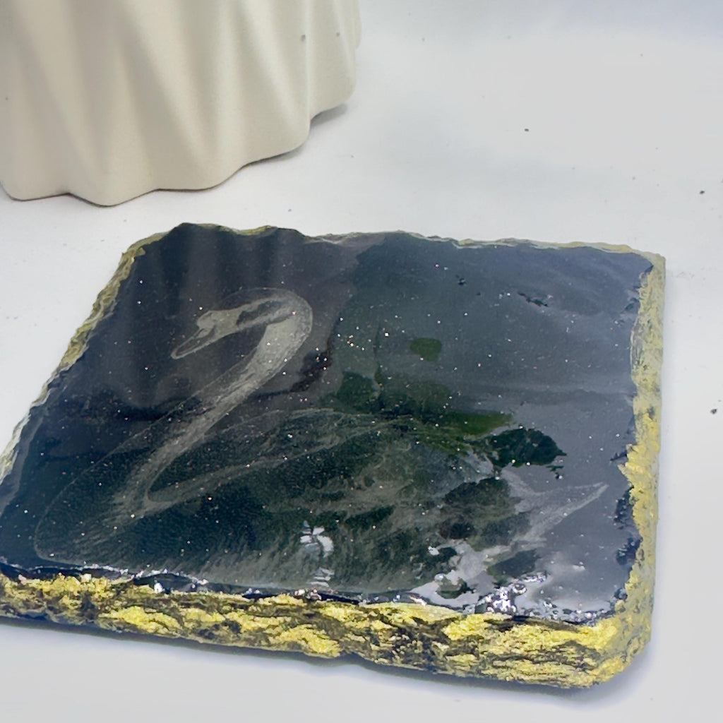 Swan Slate Coaster | Gold Rim & Epoxy Finish | Handmade Luxury Decor | Elegant Swan Gift