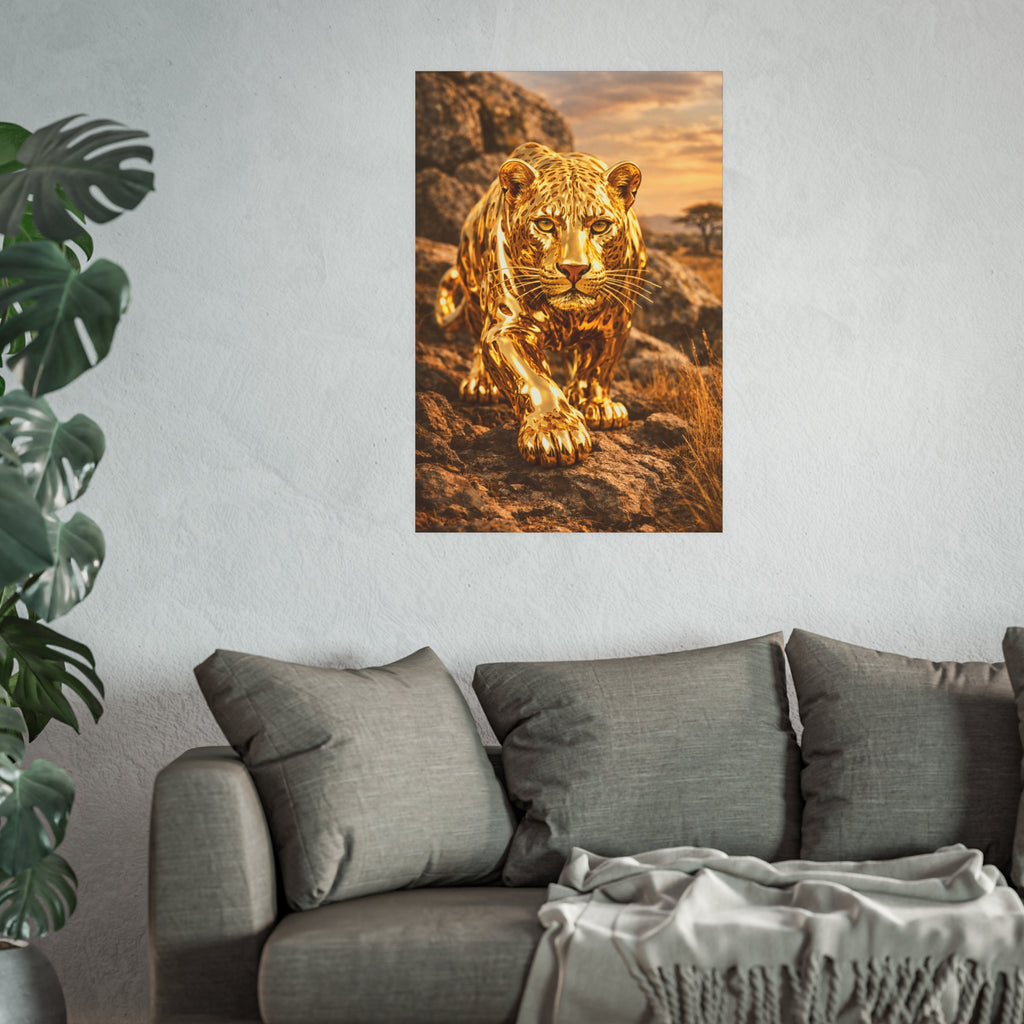 Polished Gold Leopard Statue Wall Art Poster Luxury Safari Animal Decor Realistic Metallic Wildlife Artwork Modern Home Living Room Interior