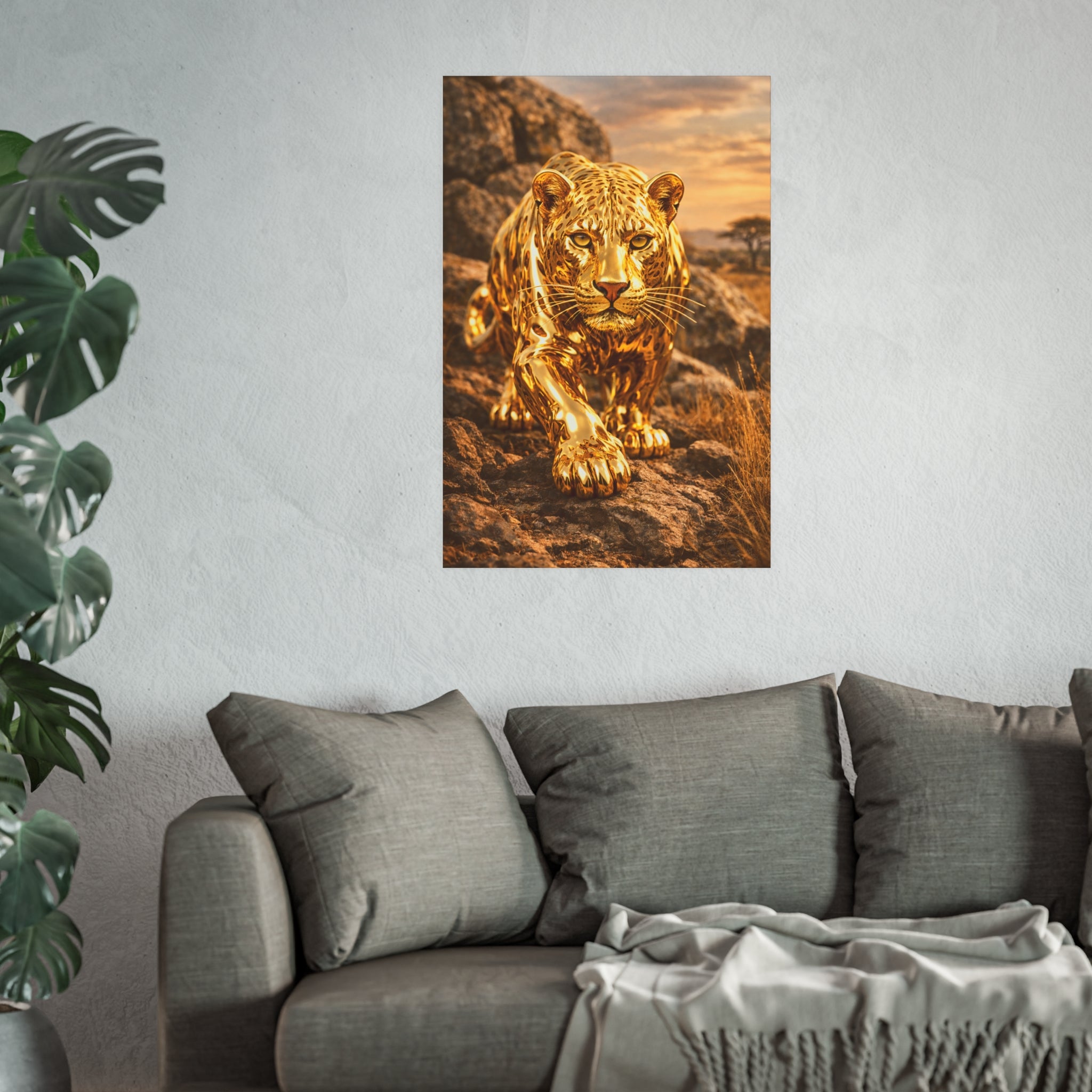 Polished Gold Leopard Statue Wall Art Poster Luxury Safari Animal Decor Realistic Metallic Wildlife Artwork Modern Home Living Room Interior