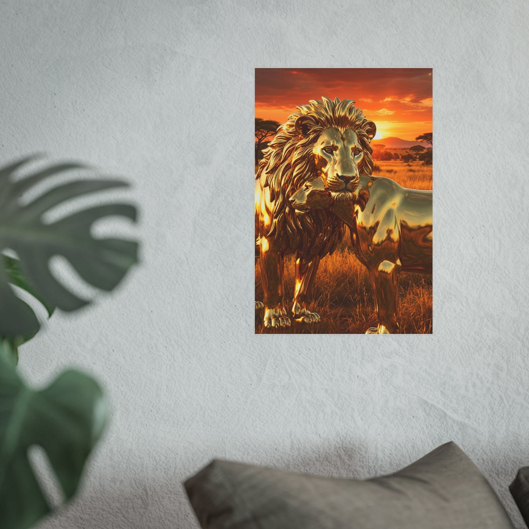 Golden Lion Art Poster — Metallic Sunset Wildlife Print