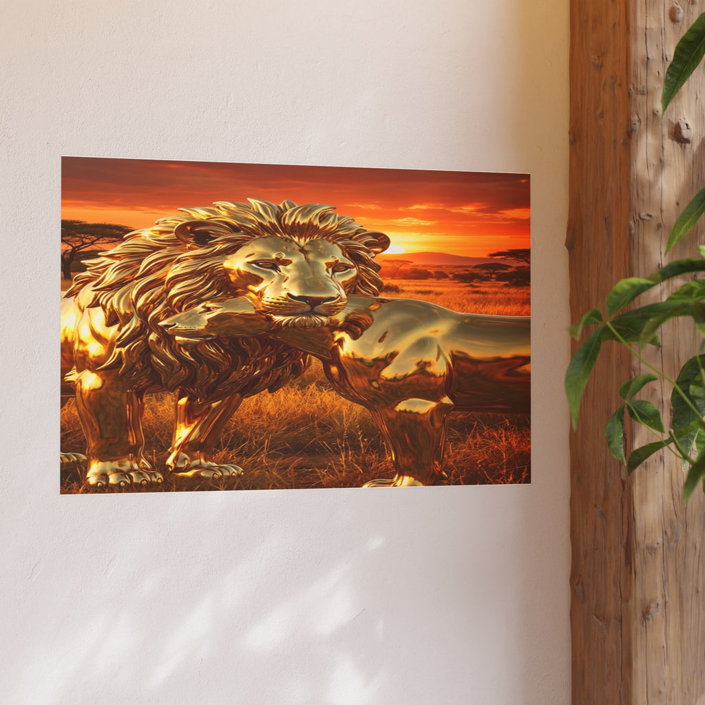 Golden Lion Art Poster — Metallic Sunset Wildlife Print