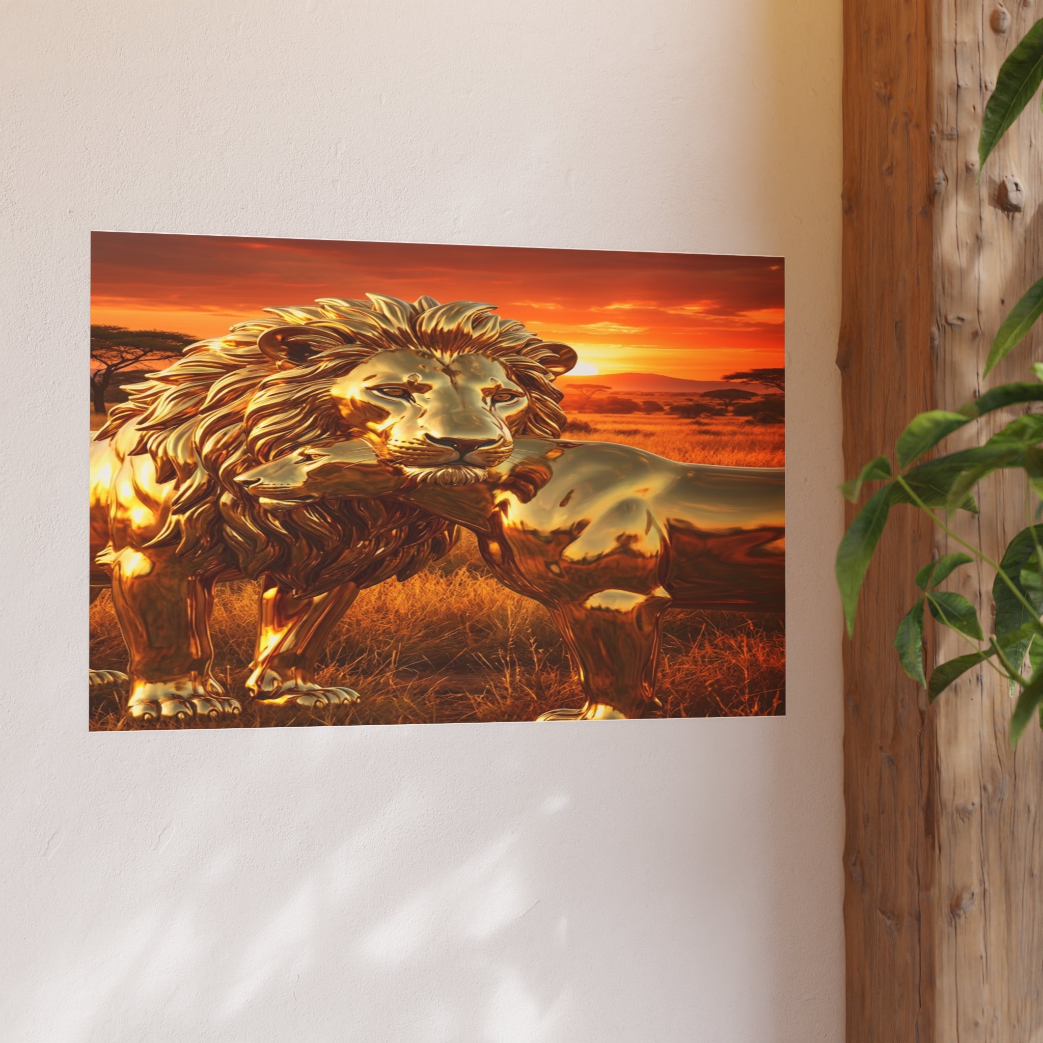 Golden Lion Art Poster — Metallic Sunset Wildlife Print