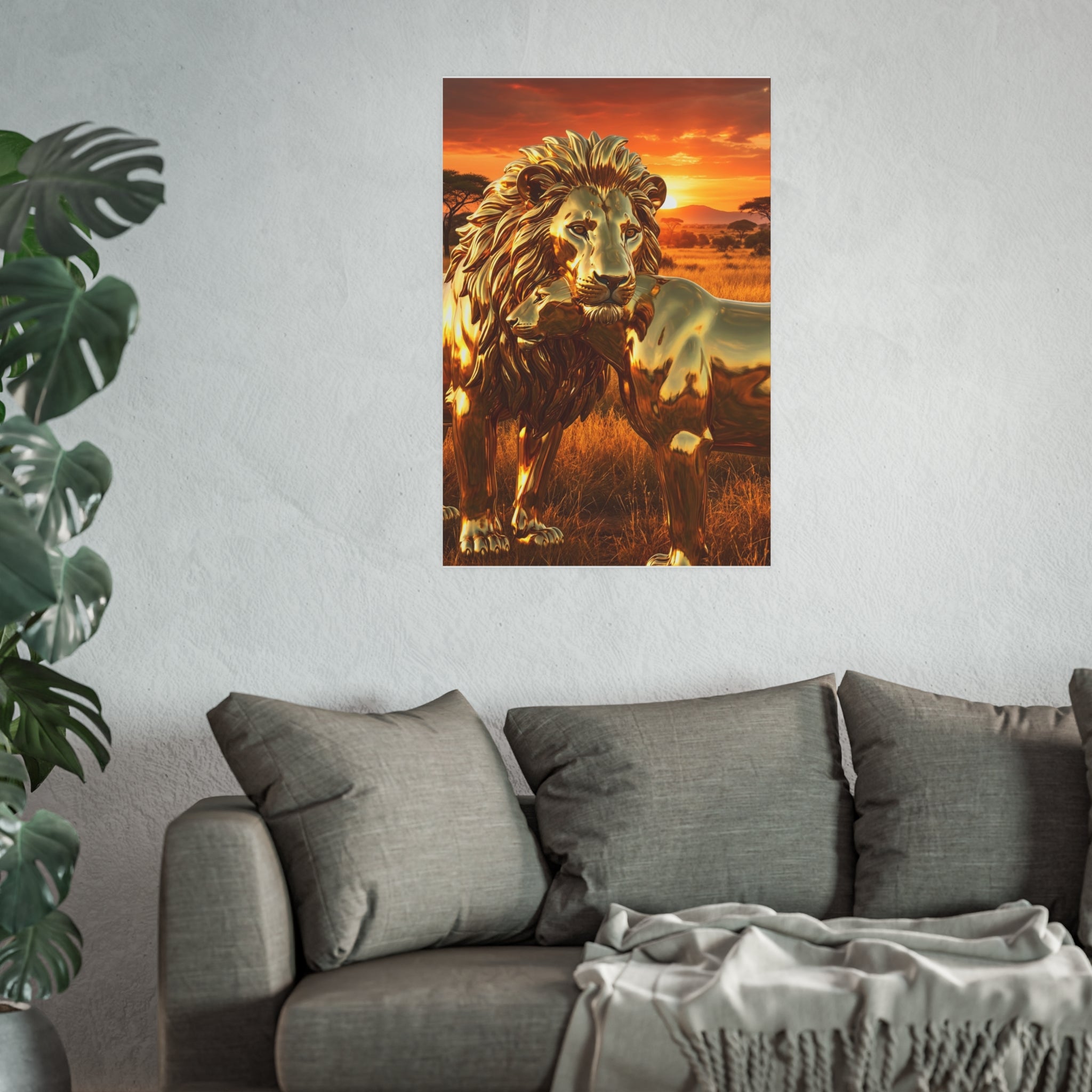 Golden Lion Art Poster — Metallic Sunset Wildlife Print