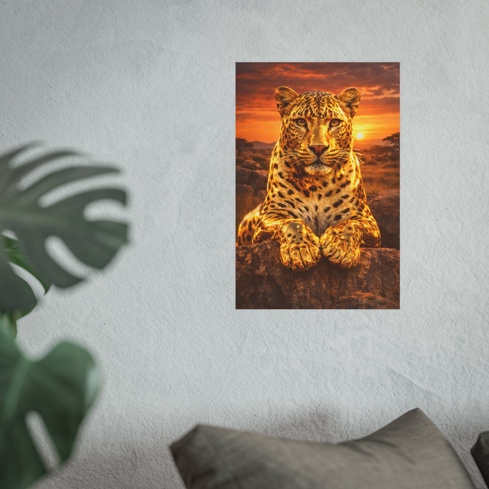 Gold Leopard Statue Wall Art Poster Luxury Safari Animal Decor Realistic Metallic Wildlife Artwork Modern Home Living Room Interior