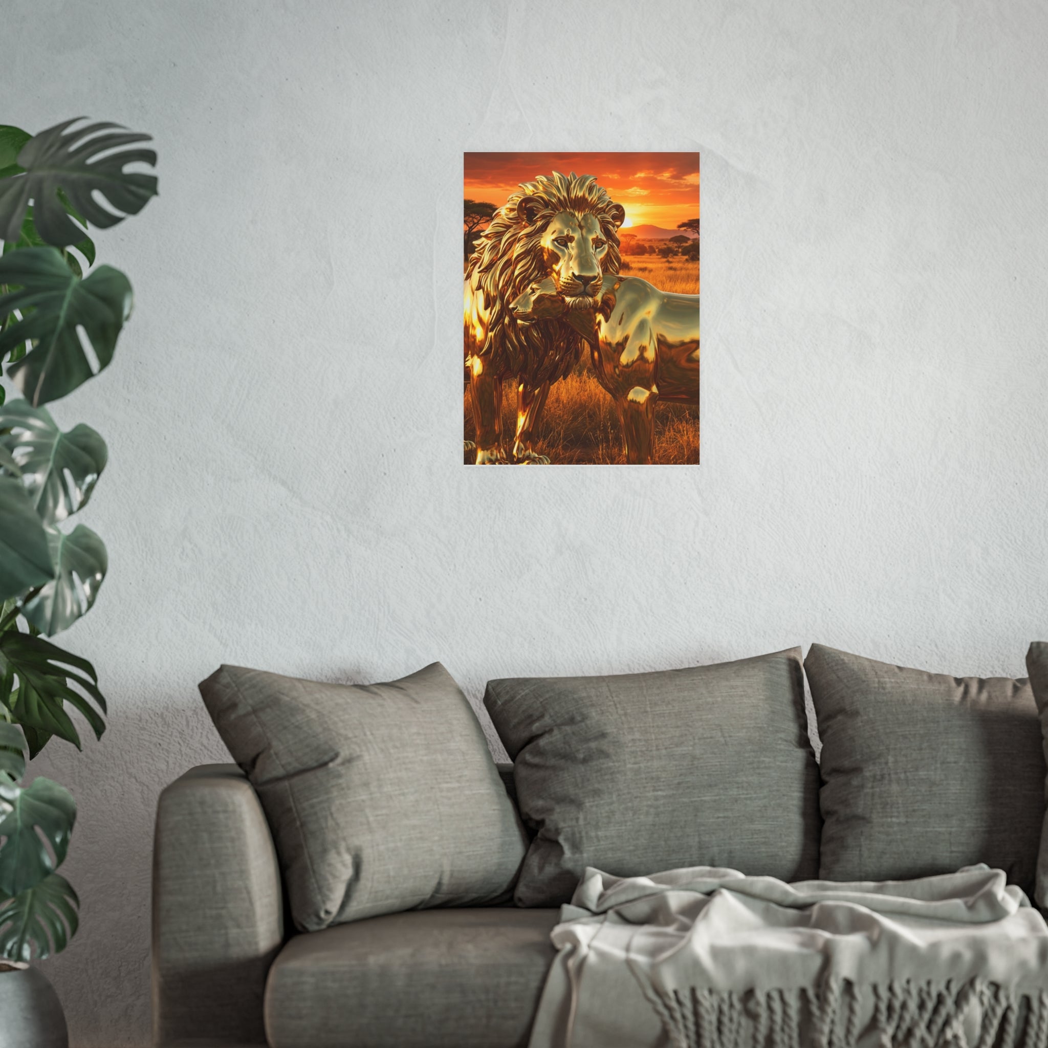 Golden Lion Art Poster — Metallic Sunset Wildlife Print