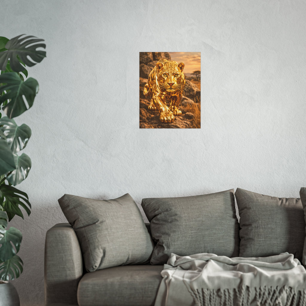 Polished Gold Leopard Statue Wall Art Poster Luxury Safari Animal Decor Realistic Metallic Wildlife Artwork Modern Home Living Room Interior